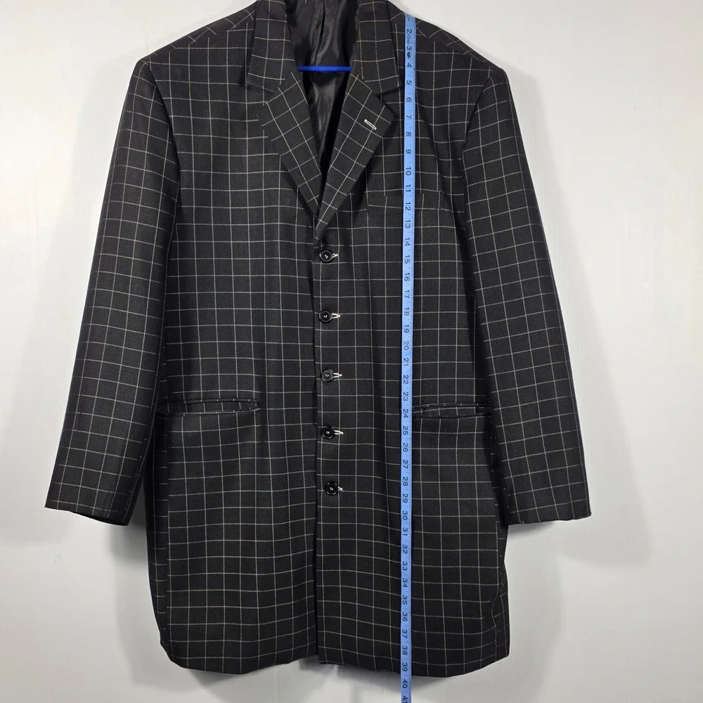 Vintage Paitano Mens Black Windowpane Grid Longline 5 Button Blazer Jacket  48R
